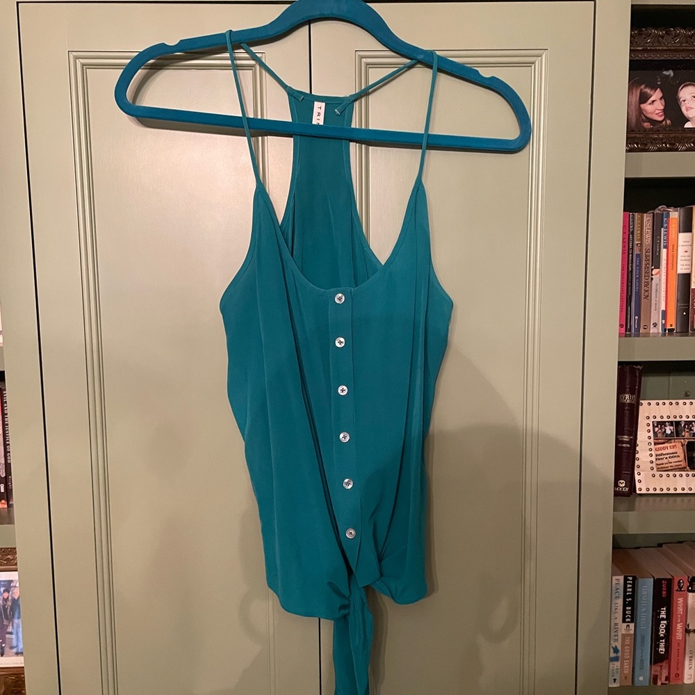 Teal silk TRINA TURK tie-waist racer-back camisole, size Small